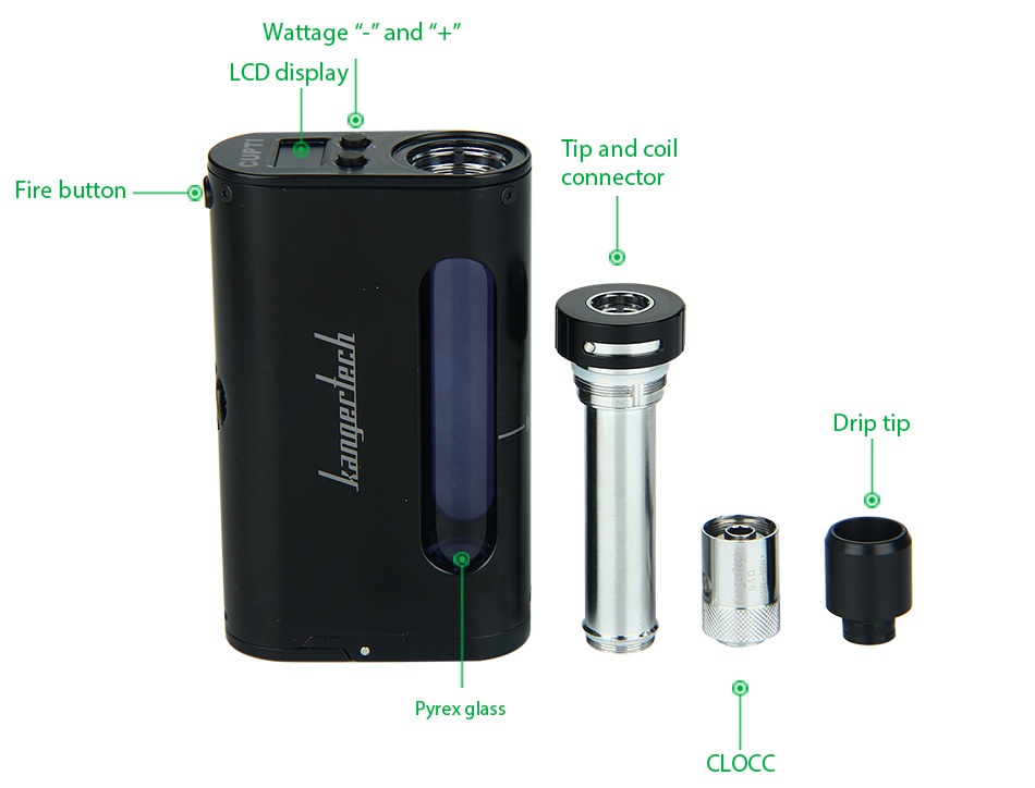 Kangertech CUPTI 75W TC Starter Kit Wattage LCd displa Tip and coil p Fire button connector Drip tip n a CLOCC