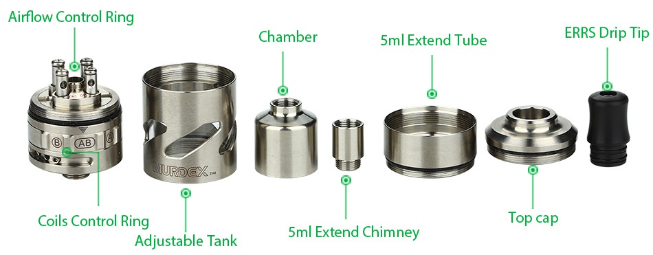 Murdex Titanium Coil Control RTA 2ml Airflow Control Ring amber 5ml Extend tube ERRS Drip i Coils Control Ring Top cap Adjustable Tank 5ml Extend Chimney