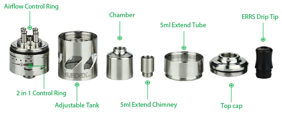 Murdex 316 Coil Control RTA 2ml Airflow Control ring Chamber ERRS Drip Tip 2 in 1 Control Ring Adjustable Tank 5ml Extend Chimney Top cap