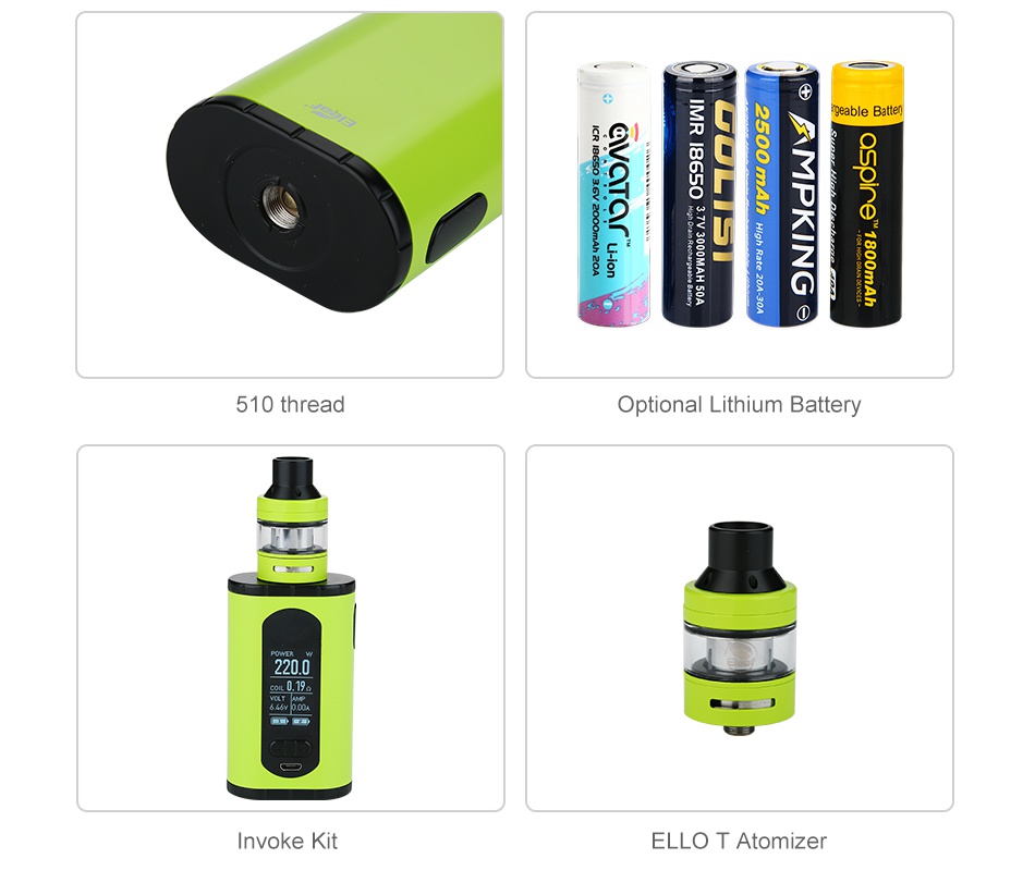 Eleaf Invoke 220W TC Box MOD 510 thread Optional Lithium Battery 2200 evoke Kit LLO T Atomizer