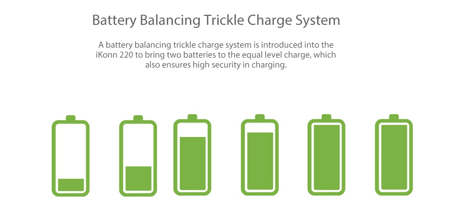 Eleaf iKonn 220 Box MOD Battery Balancing Trickle Charge System A battery balancing trickle charge system is introduced into the iKonn 220 to bring two batteries to the equal level charge  which also ensures high security in charging