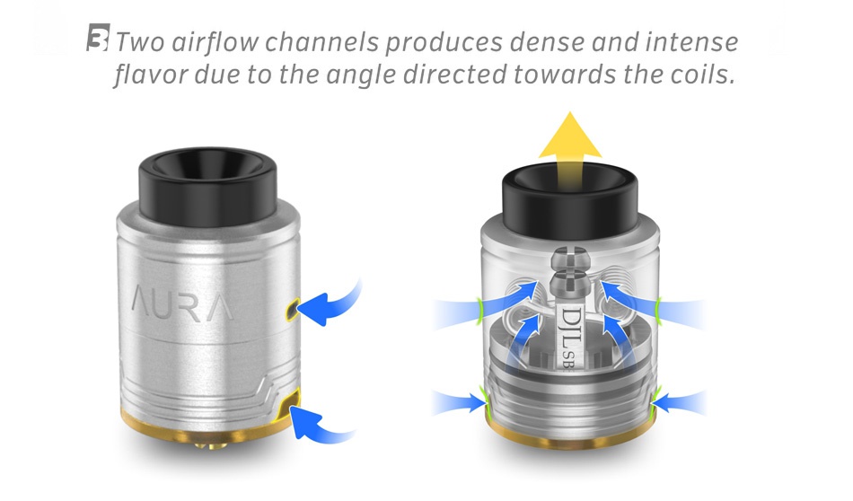 Digiflavor Aura RDA 3 Two airflow channels produces dense and intense flavor due to the angle directed towards the coils